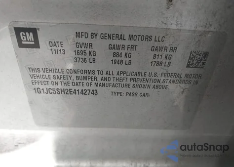 2014 Chevrolet Sonic Lt Auto from USA, damaged, VIN 1G1JC5SH2E4142743
